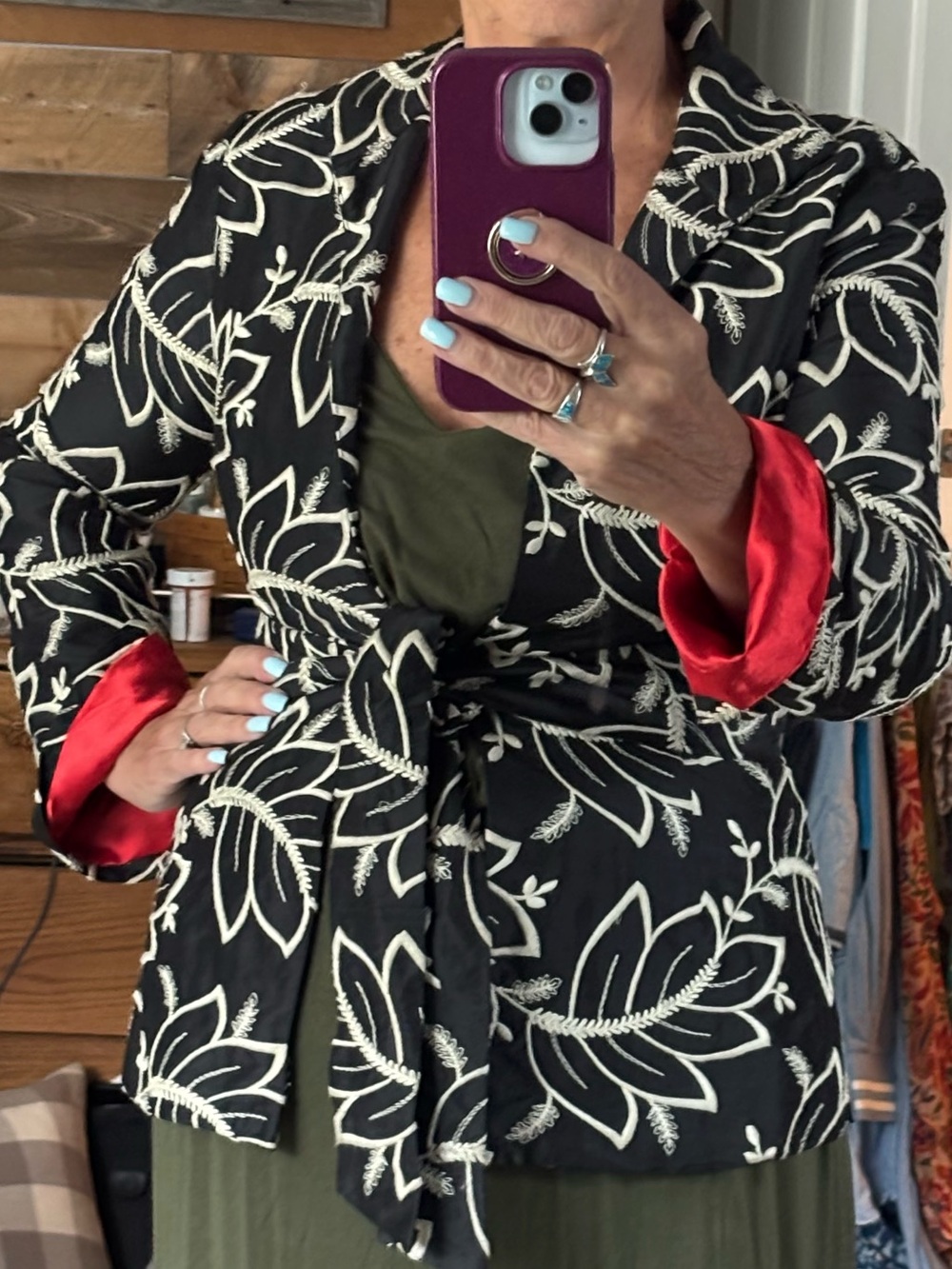 CK Bradley SilkBlack Floral Embroidered Jacket with Red Lining